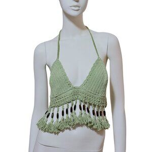 Handmade Crochet Bikini Top L Fringe Beaded Retro Festival Resort Cruise Beach